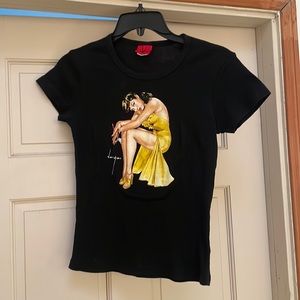 Vintage 1990s Rockabilly Pinup Girl Varga Black Tee Shirt Top. Sz: S 3/4 Fitted